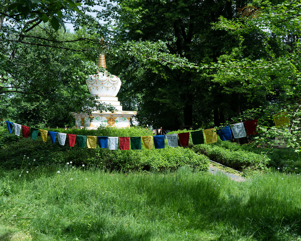 Long string of 25 hand-printed cotton Windhorse prayer flags for spiritual harmony, luck, and meditation