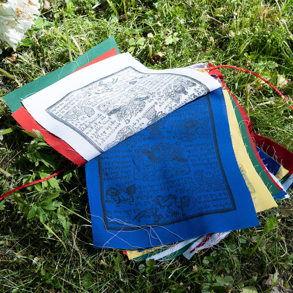 Hand-printed Tibetan Windhorse prayer flags hanging outdoors, each flag 22x25 cm, promoting protection and peace
