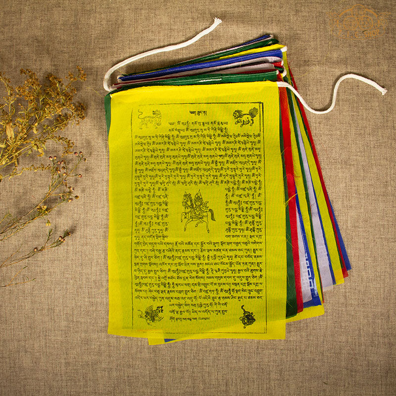 Close-up of colorful polyester Tibetan Windhorse prayer flag featuring traditional auspicious symbols for protection and positive energy
