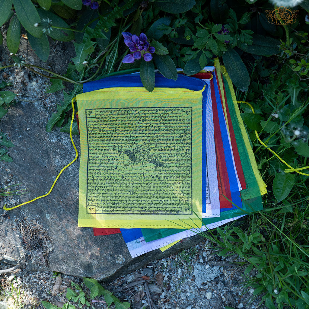 Detailed view of Tibetan Windhorse prayer flags showing vibrant traditional designs on polyester fabric