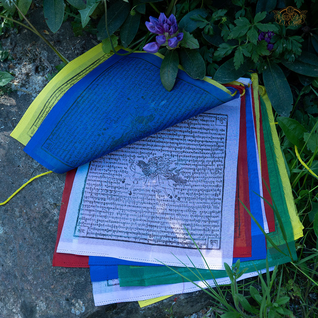 Set of 25 hand-printed Windhorse prayer flags on an 8 m string for altar, meditation, or outdoor display