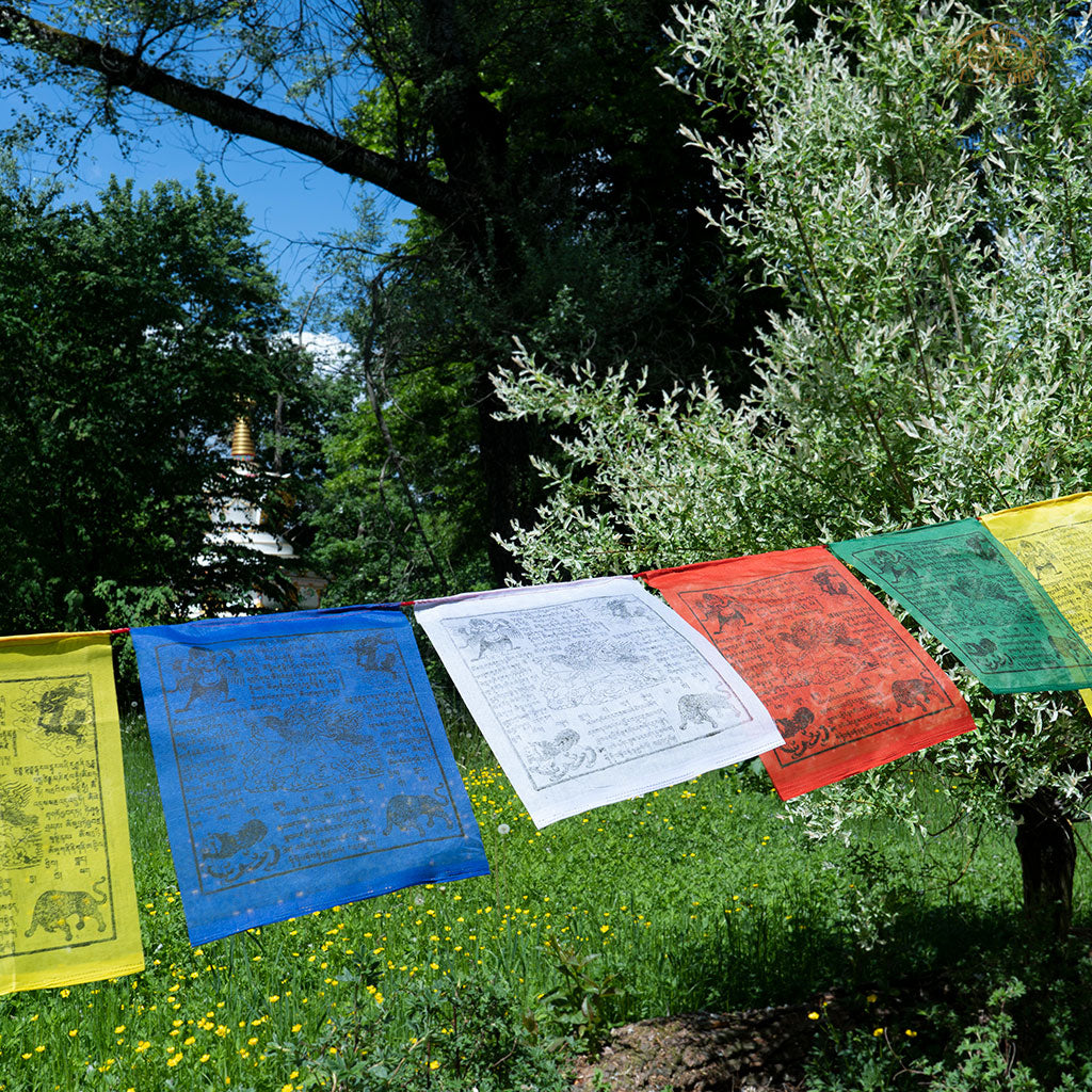 Hand-printed Tibetan Windhorse prayer flags 28x30 cm each, 8 m total, made from durable polyester for spiritual blessings