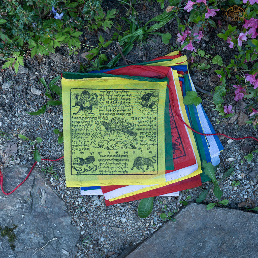 Hand-printed Tibetan Windhorse prayer flags made from polyester, used for luck, meditation, and spiritual well-being