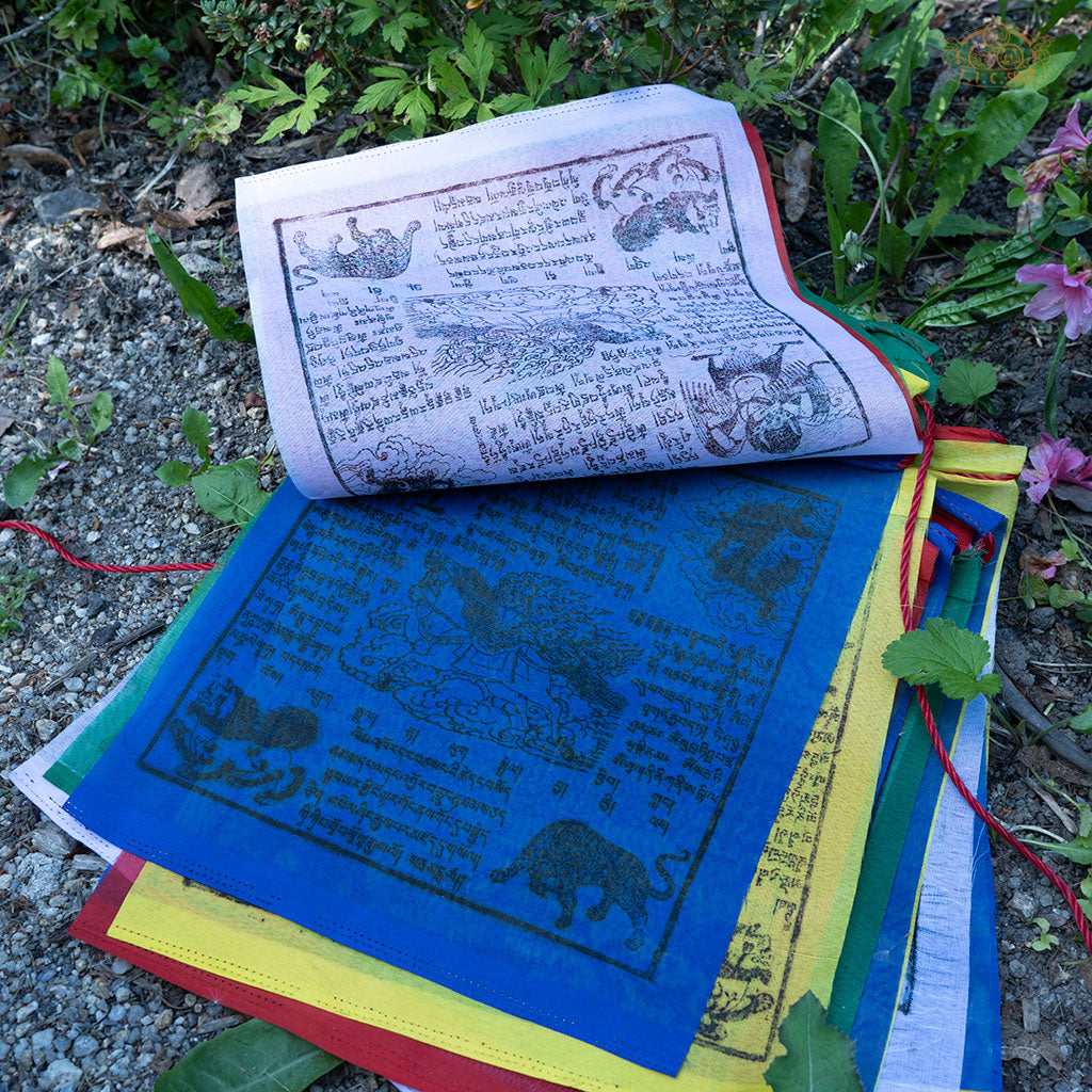 Close-up of colorful polyester Tibetan Windhorse prayer flag featuring traditional symbols for protection and positive energy