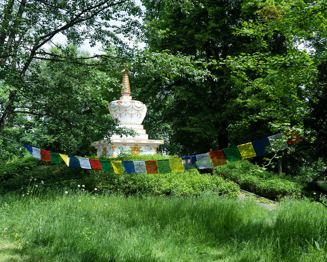 Set of 25 hand-printed Windhorse prayer flags on a 6 m string for meditation, or outdoor display