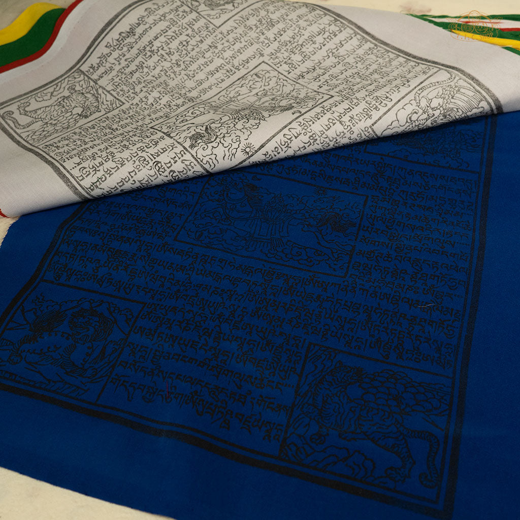 Detailed view of vibrant Tibetan Windhorse prayer flags made from cotton with traditional printed designs for meditation and harmony
