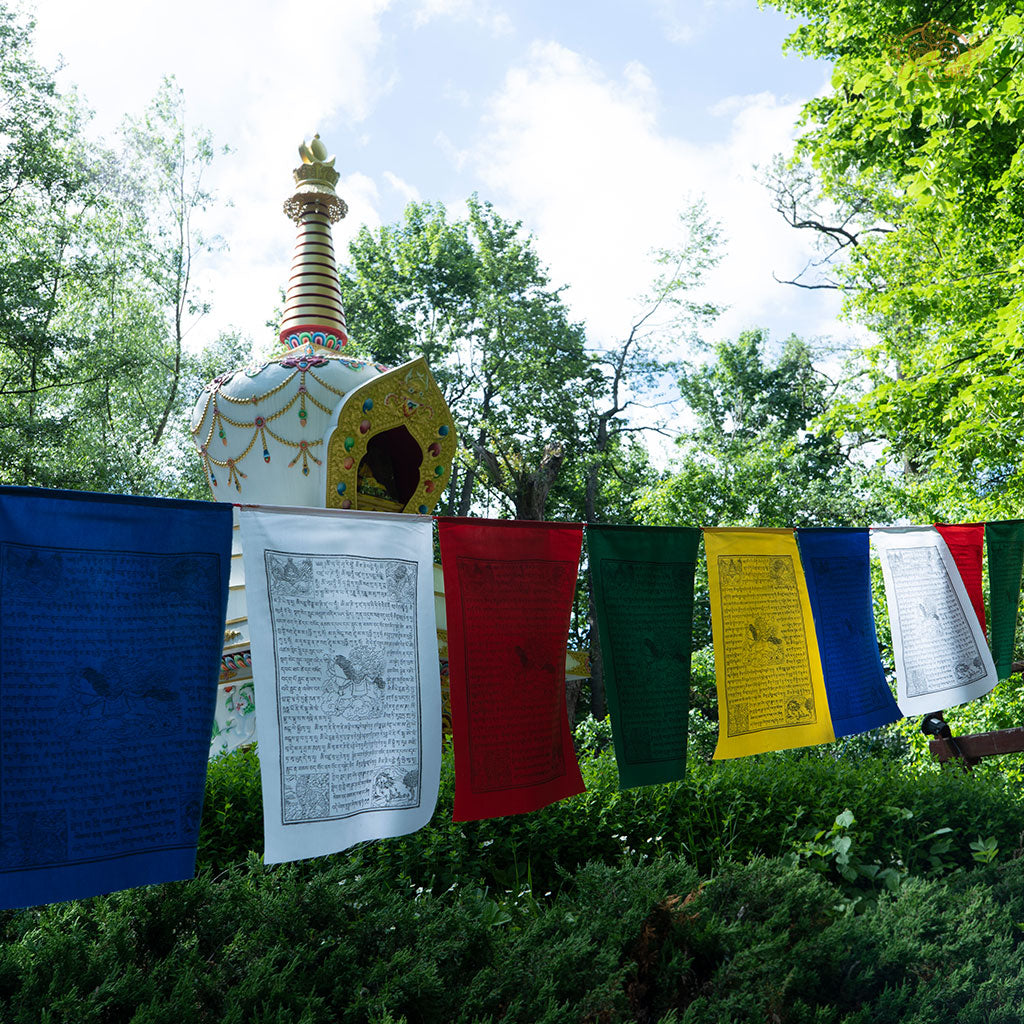 Colorful 10 m string of cotton Tibetan Windhorse prayer flags displaying traditional auspicious symbols for luck and meditation