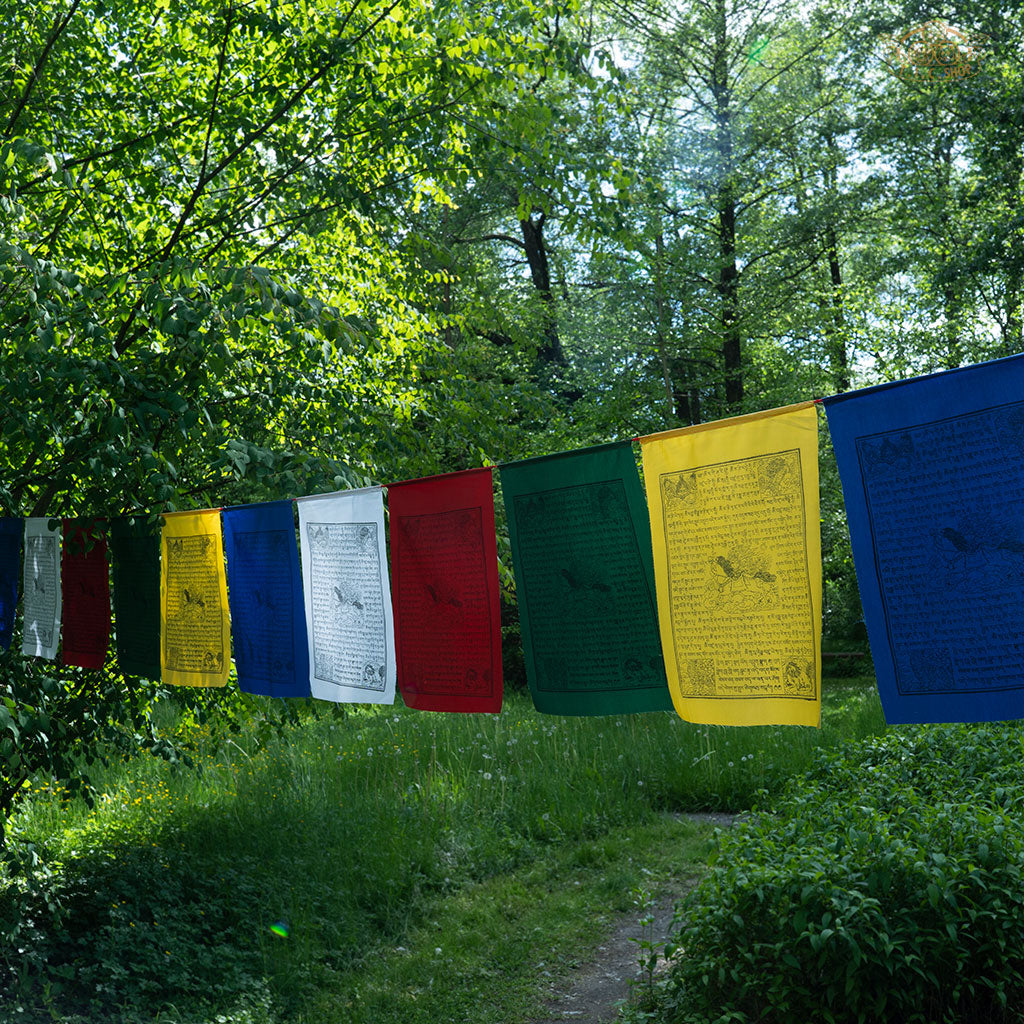Long string of 25 hand-printed cotton Windhorse prayer flags, each 35x45 cm, promoting harmony, peace, and spiritual well-being