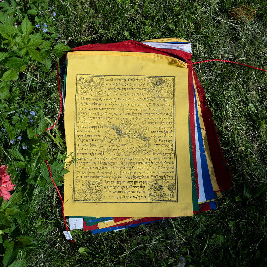 Set of 25 hand-printed cotton Windhorse prayer flags on a 10 m string, ideal for meditation and outdoor hanging