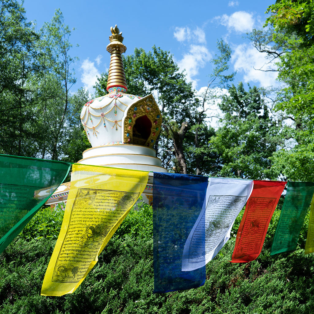 Colorful 10 m string of polyester Tibetan Windhorse prayer flags used for enhancing meditation, positive energy, and blessings