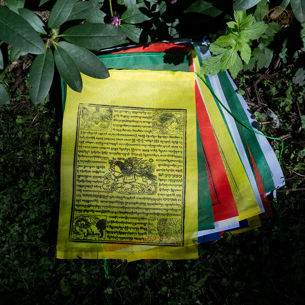 Set of 25 hand-printed polyester Windhorse prayer flags on a 10 m string, ideal for outdoor display and meditation