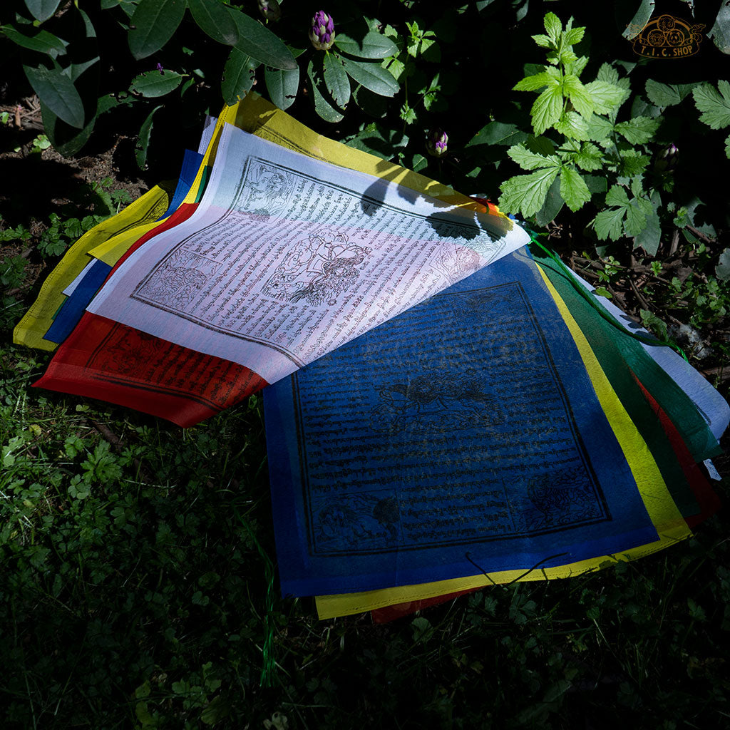 Detailed view of vibrant Tibetan Windhorse prayer flags made from polyester with traditional printed designs