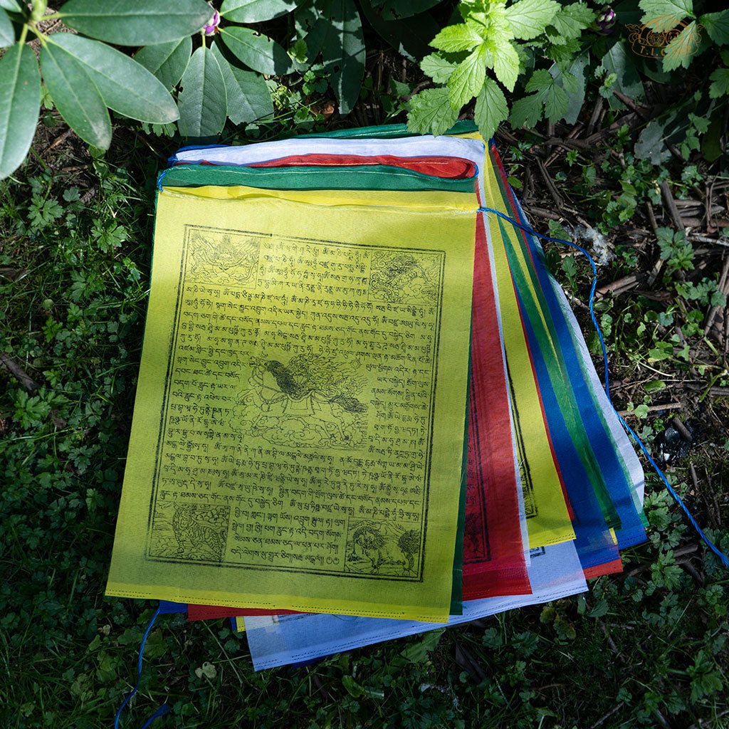 Close-up of detailed polyester Tibetan Windhorse prayer flag displaying colorful printed designs for spiritual energy