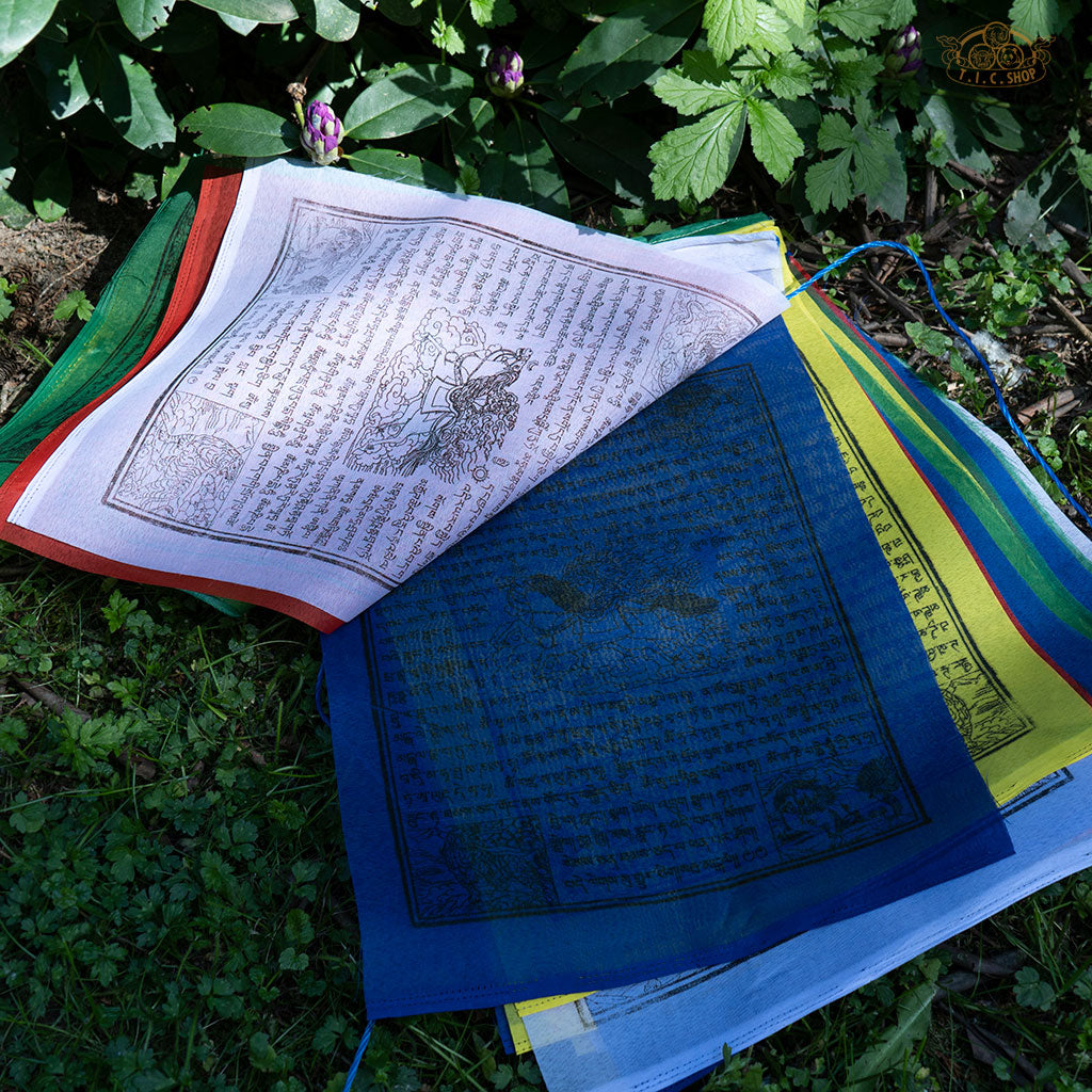 Set of 25 hand-printed Windhorse prayer flags on a 10 m polyester string, ideal for outdoor hanging and blessings