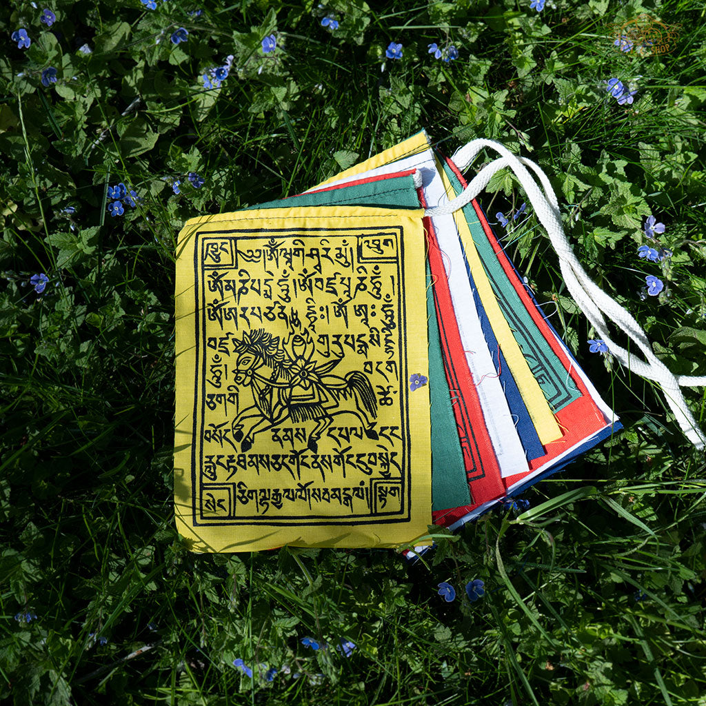 Hand-printed cotton Tibetan Windhorse prayer flags 13x18 cm, 1.5 m string for spiritual blessings and protection