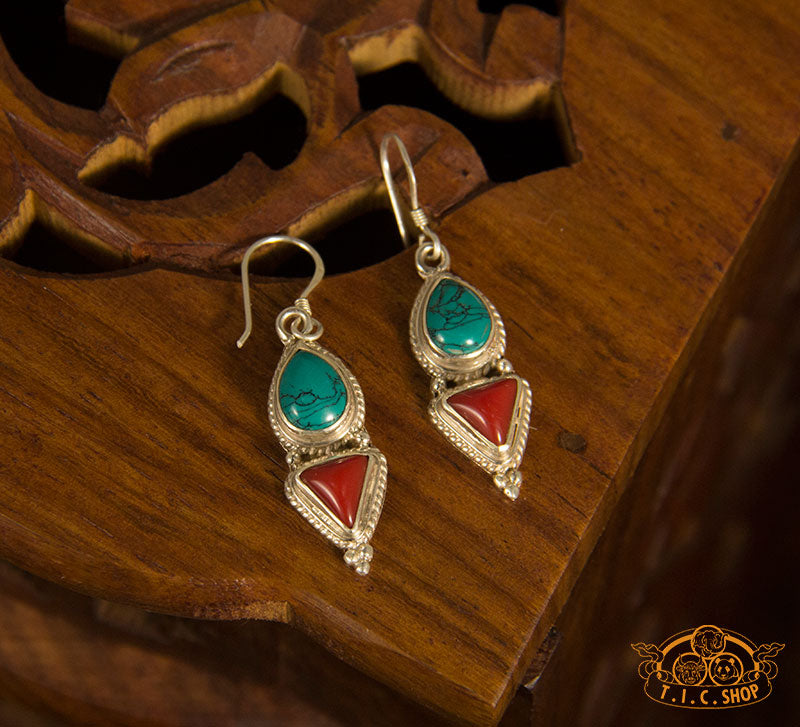 Turquoise Red Coral Silver Earrings