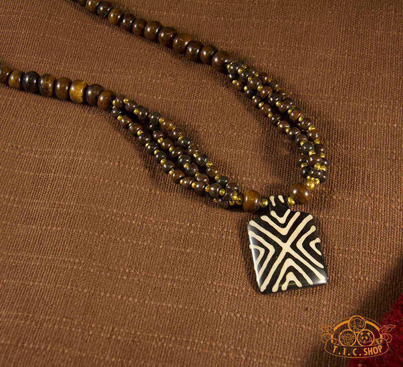 Rectangular Maze Yak Bone Amulet Pendant Necklace
